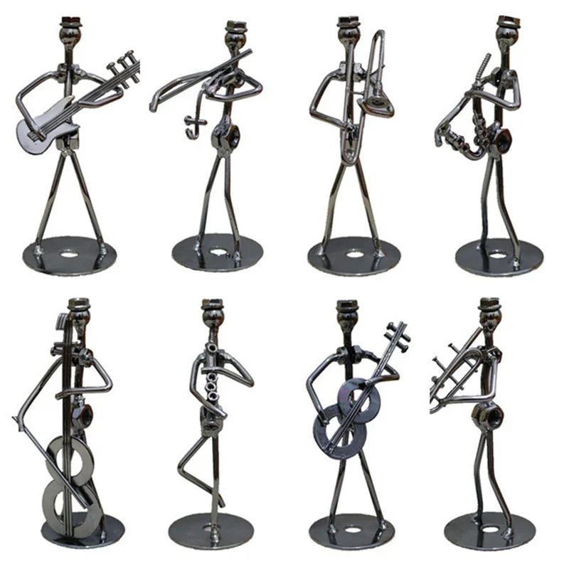 8pcs Musician Guitar Player Metal Statue Musical Instrument Iron Art Collectible Figurine Home Cafe Office Book Shelf Room Decor