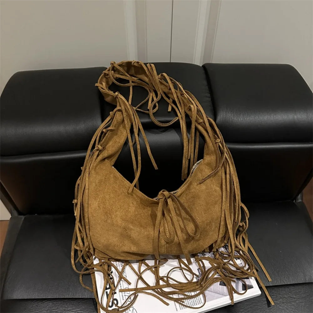 Western Style Tassel Shoulder Bag Nubuck Leather Soft Polyester Suede Tote Bag PU Leather Simple Design Large Capacity Bag Brown