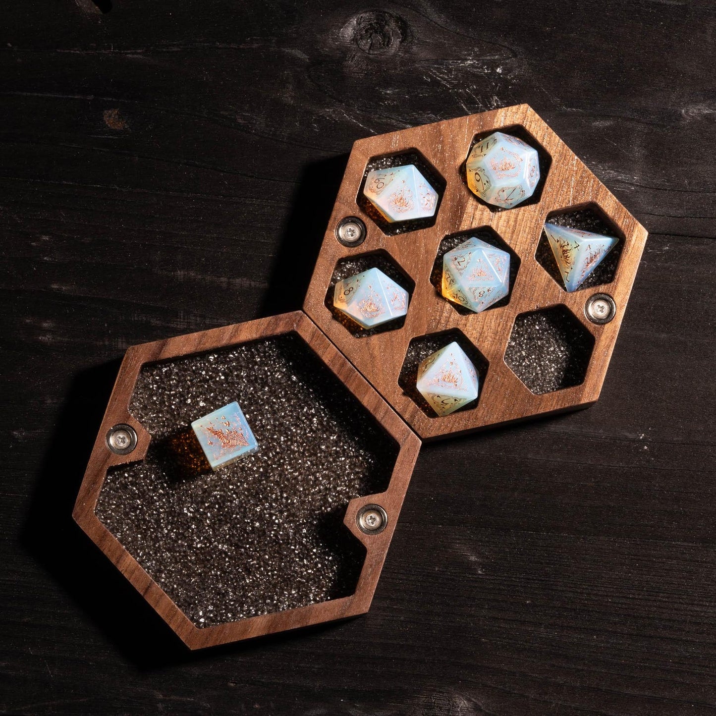 Black Rutile Quartz Gemstone Dice Set: Polyhedral DND Dice with Luxury Box