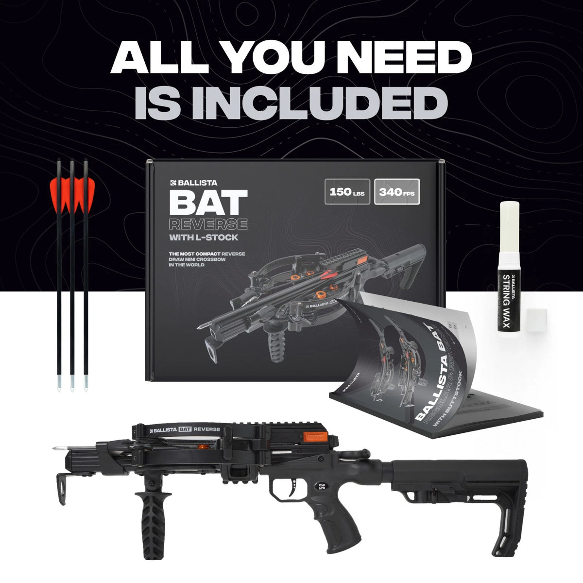 BALLISTA BAT Reverse Draw Compound Crossbow with L-Stock 340fps/150lbs/3.8lb