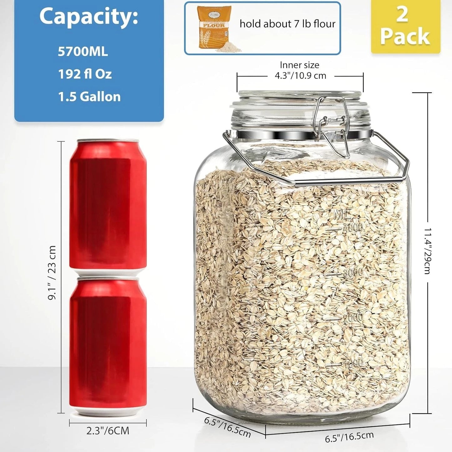 1.5 Gallon Glass Jars With Airtight Lid, Gallon Mason Jars Wide Mouth w Scale