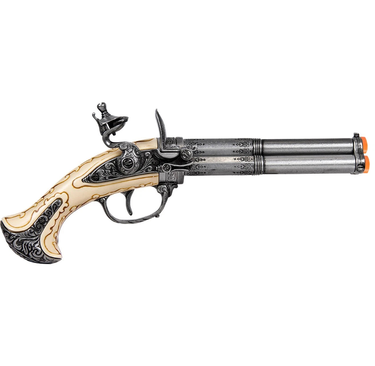 Denix 18th Century 3 Barrel Flintlock Pistol Antique Gray Finish Non-Firing Gun