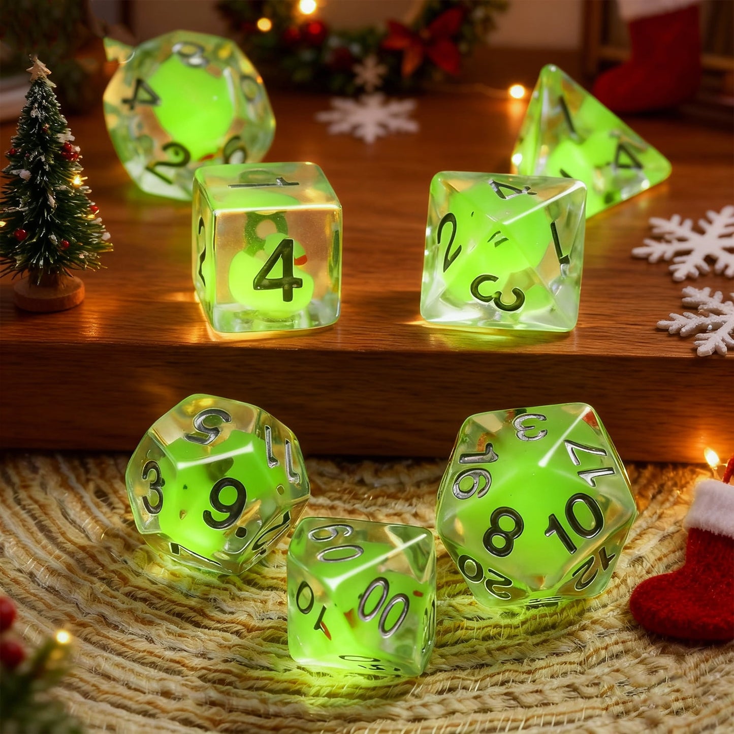 SWAJUJA Glow-in-the-Dark Green Duck DND Dice Set, 7PCS Polyhedral RPG Dice for Dungeons & Dragons, Cute Holiday Gift for Gamers
