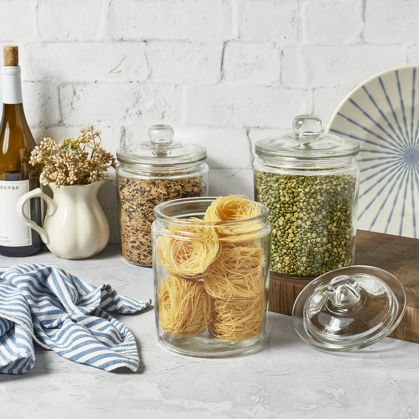 Mason Craft & More Set of 3 Airtight Large Glass Apothecary Jars with Lids, Clear Classic Mason Storage Canisters, 2 Liter (64oz)