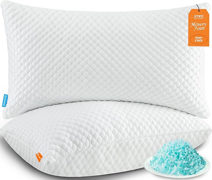 Cooling Pillows Queen Size Set of 2, Memory Foam Pillows with Zipper, Firm Bed Pillows Adjustable for Hot Side Back Stomach Sleepers