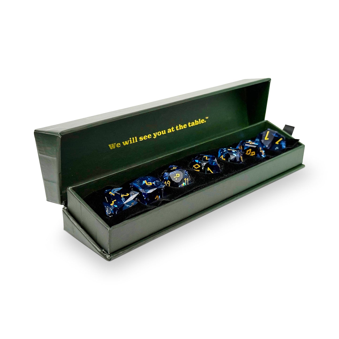 Light Blue Zircon w/ Gold Font - 7 Piece RPG Set Glass Wondrous Cut Dice