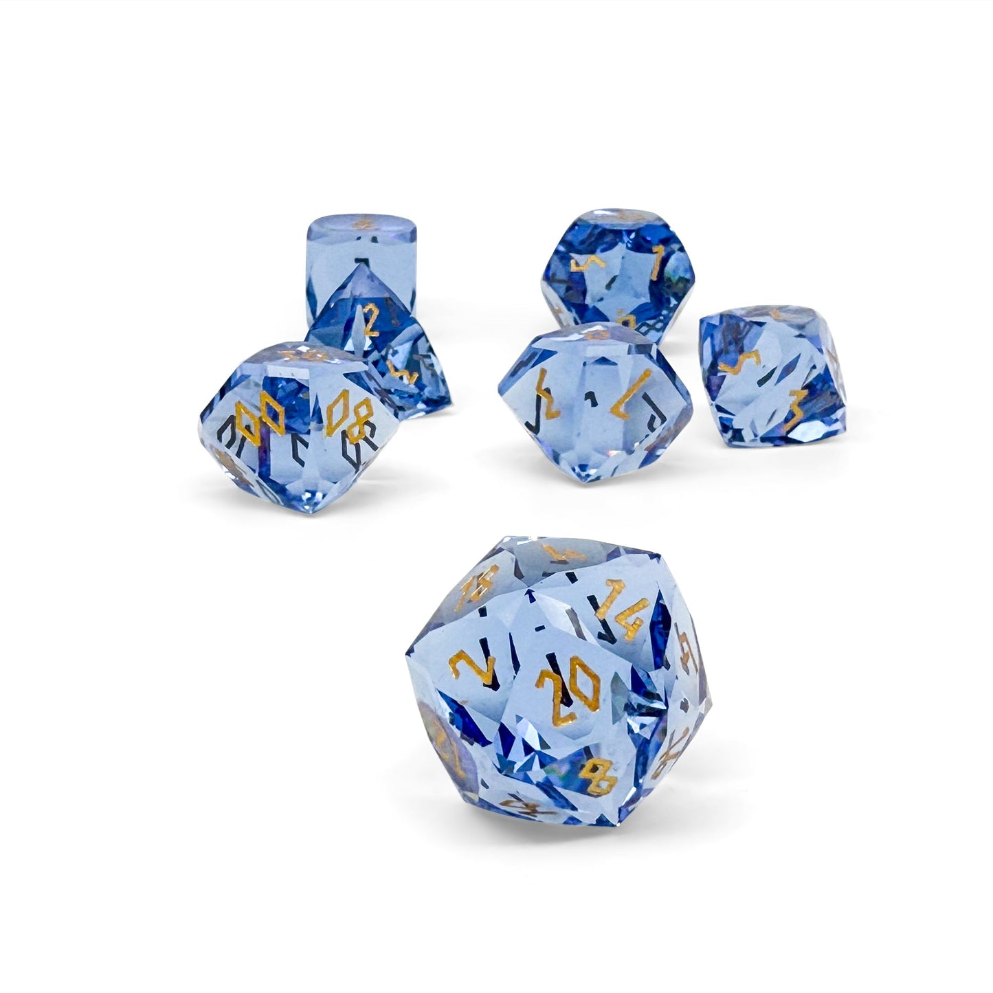 Light Blue Zircon w/ Gold Font - 7 Piece RPG Set Glass Wondrous Cut Dice