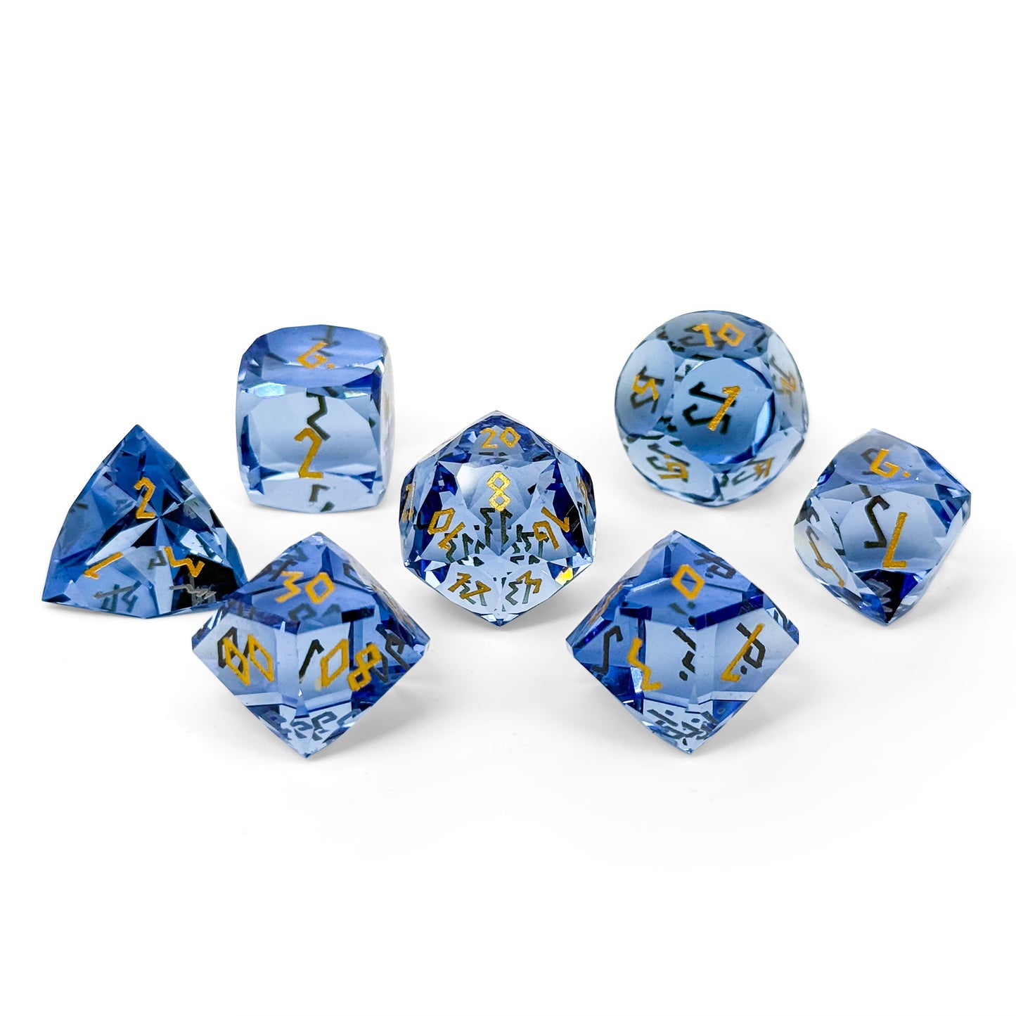 Light Blue Zircon w/ Gold Font - 7 Piece RPG Set Glass Wondrous Cut Dice