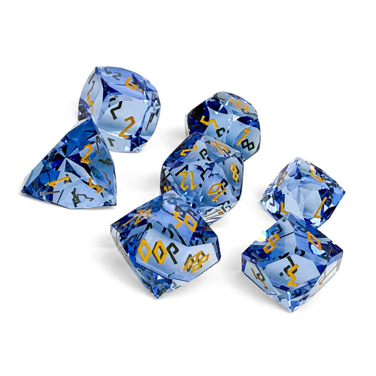 Light Blue Zircon w/ Gold Font - 7 Piece RPG Set Glass Wondrous Cut Dice