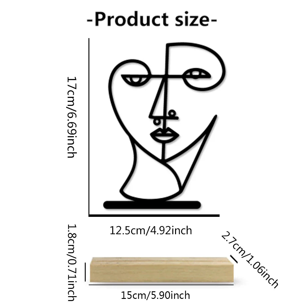 Abstract Woman Face Iron Statue With Wood Base Metal Ornament Side face Tin Sculpture Art Crafts