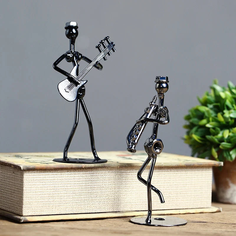 8pcs Musician Guitar Player Metal Statue Musical Instrument Iron Art Collectible Figurine Home Cafe Office Book Shelf Room Decor