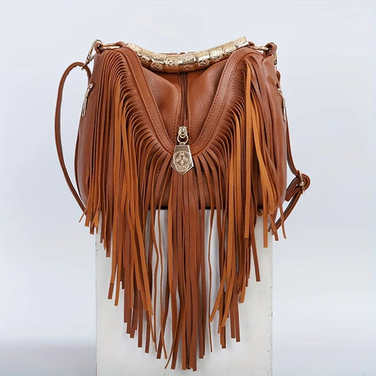 New Trendy PU Leather Shoulder Bag for Women Solid Color Crossbody Purse with Tassel Western Fashion Vintage Handbag Brown