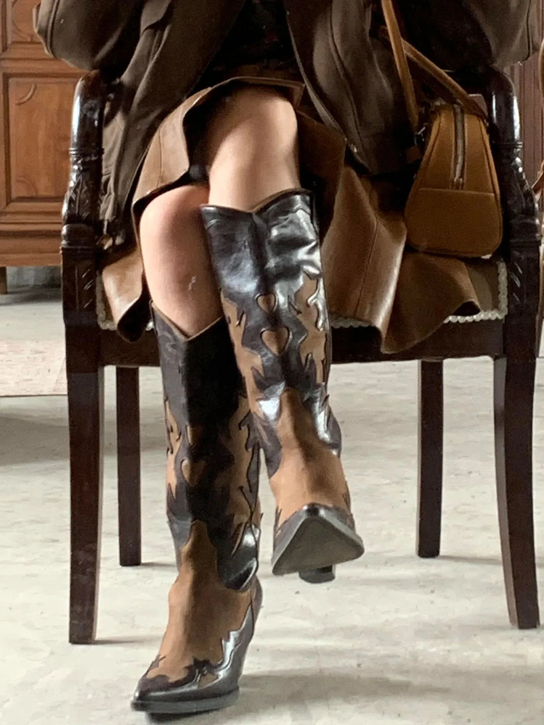 Western Style Spliced Color Stitched Leather High Heel Long Boots for Women Spring Summer New Retro Pointed Toe Booties