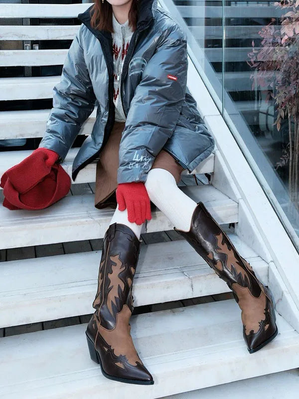 Western Style Spliced Color Stitched Leather High Heel Long Boots for Women Spring Summer New Retro Pointed Toe Booties