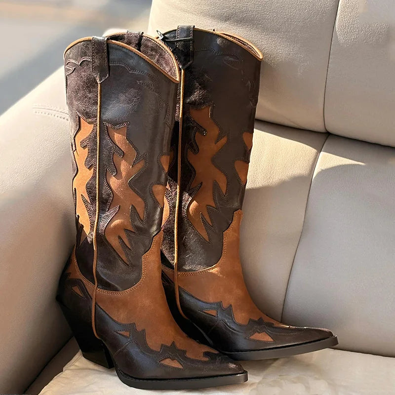 Western Style Spliced Color Stitched Leather High Heel Long Boots for Women Spring Summer New Retro Pointed Toe Booties