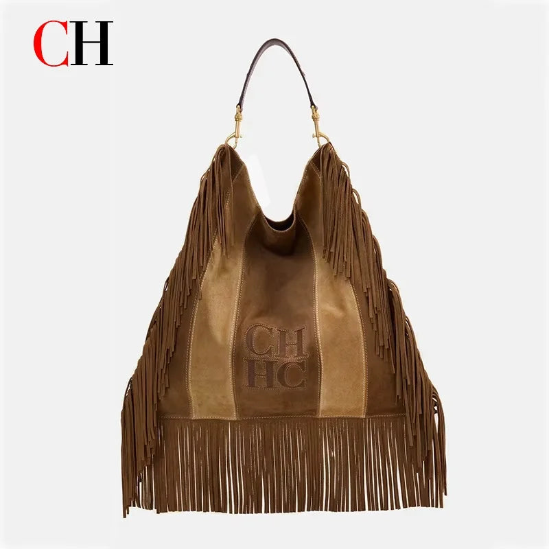 CH Women's Brown Suede Fringe Hobo Bag Large Capacity Shoulder Bag Retro Western Style Tassel Handbag For Daily Use BROWN