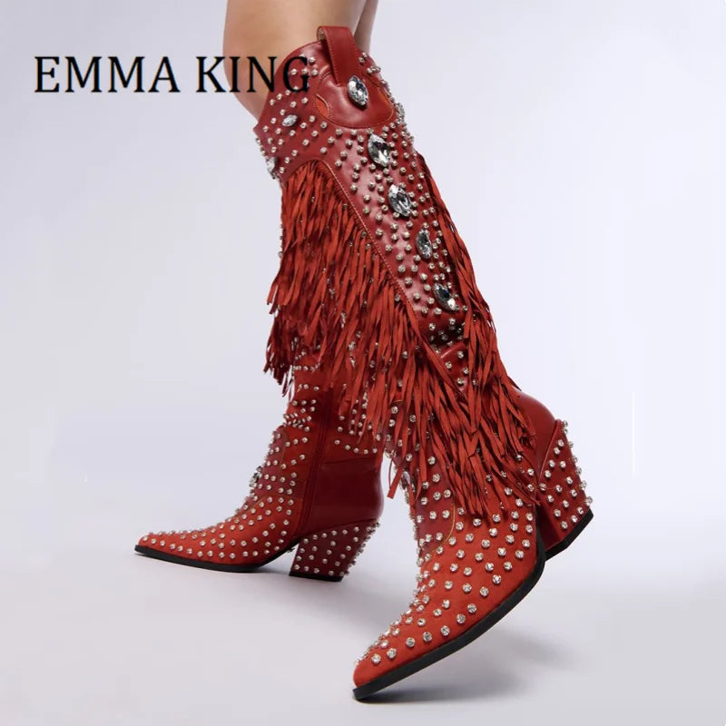 Red Crysral Fringed Western Cowboy Boots Sexy Pointed Toe Block Heel Knee High Boots Female Luxury Rhinestones Party Dress Shoes