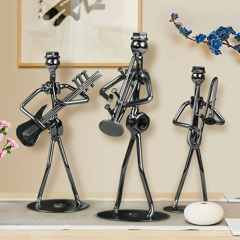 8pcs Musician Guitar Player Metal Statue Musical Instrument Iron Art Collectible Figurine Home Cafe Office Book Shelf Room Decor