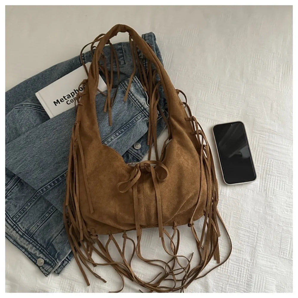 Western Style Tassel Shoulder Bag Nubuck Leather Soft Polyester Suede Tote Bag PU Leather Simple Design Large Capacity Bag Brown