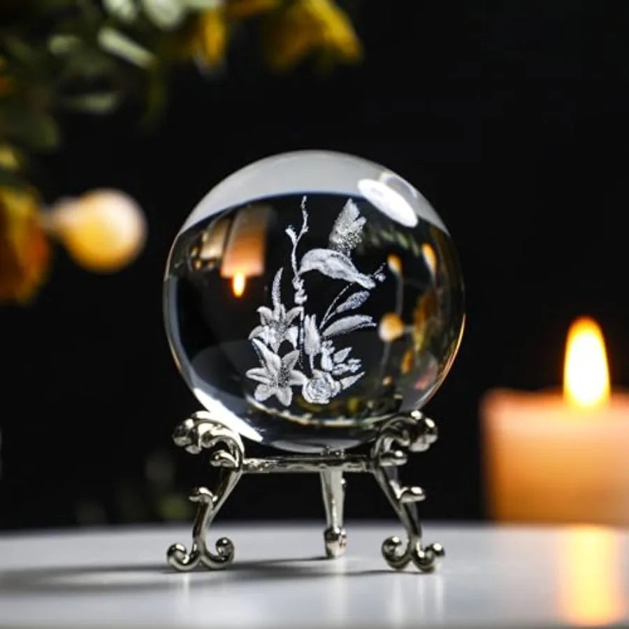 3D Crystal Ball Paperweight 60mm 2.3Inch Laser Engraved Glass Sphere Display Globe Meditation Ball Home Decor with Metal Stand