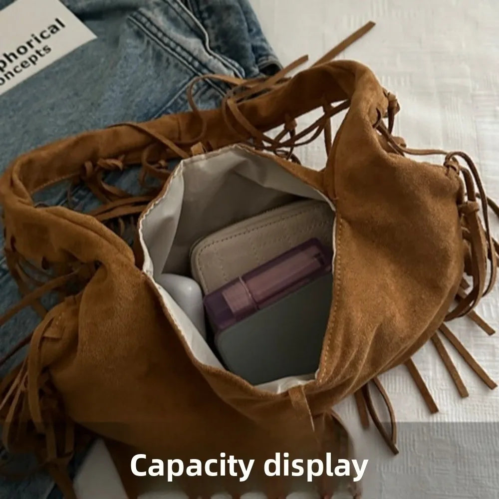 Western Style Tassel Shoulder Bag Nubuck Leather Soft Polyester Suede Tote Bag PU Leather Simple Design Large Capacity Bag Brown