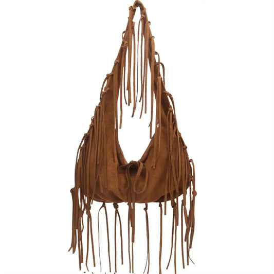 Western Style Tassel Shoulder Bag Nubuck Leather Soft Polyester Suede Tote Bag PU Leather Simple Design Large Capacity Bag Brown