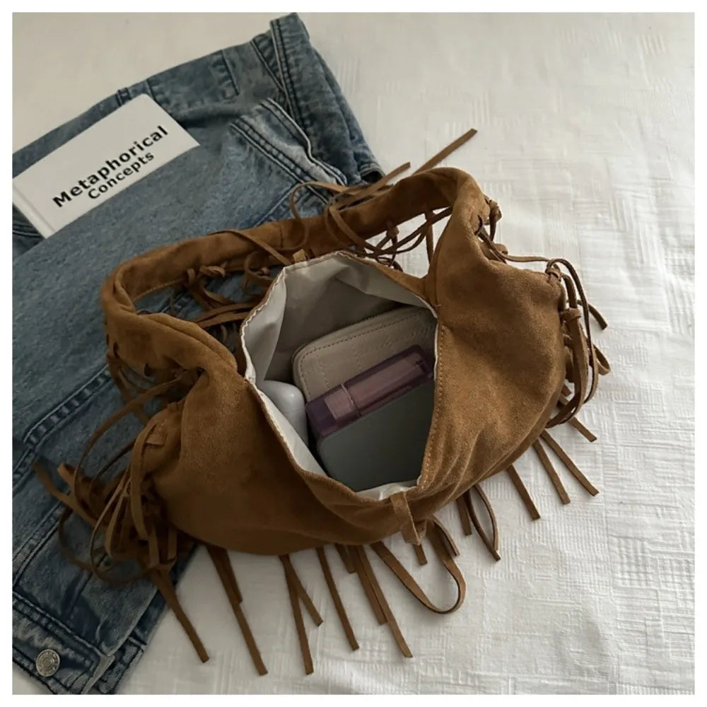Western Style Tassel Shoulder Bag Nubuck Leather Soft Polyester Suede Tote Bag PU Leather Simple Design Large Capacity Bag Brown
