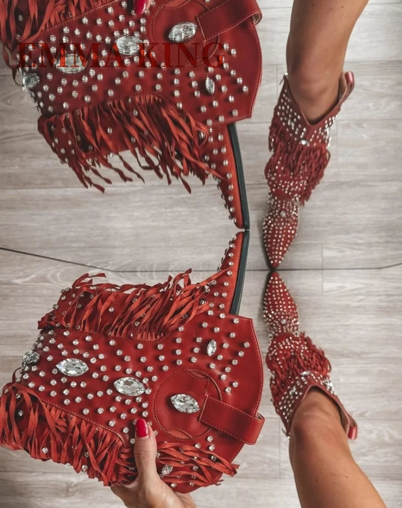 Red Crysral Fringed Western Cowboy Boots Sexy Pointed Toe Block Heel Knee High Boots Female Luxury Rhinestones Party Dress Shoes