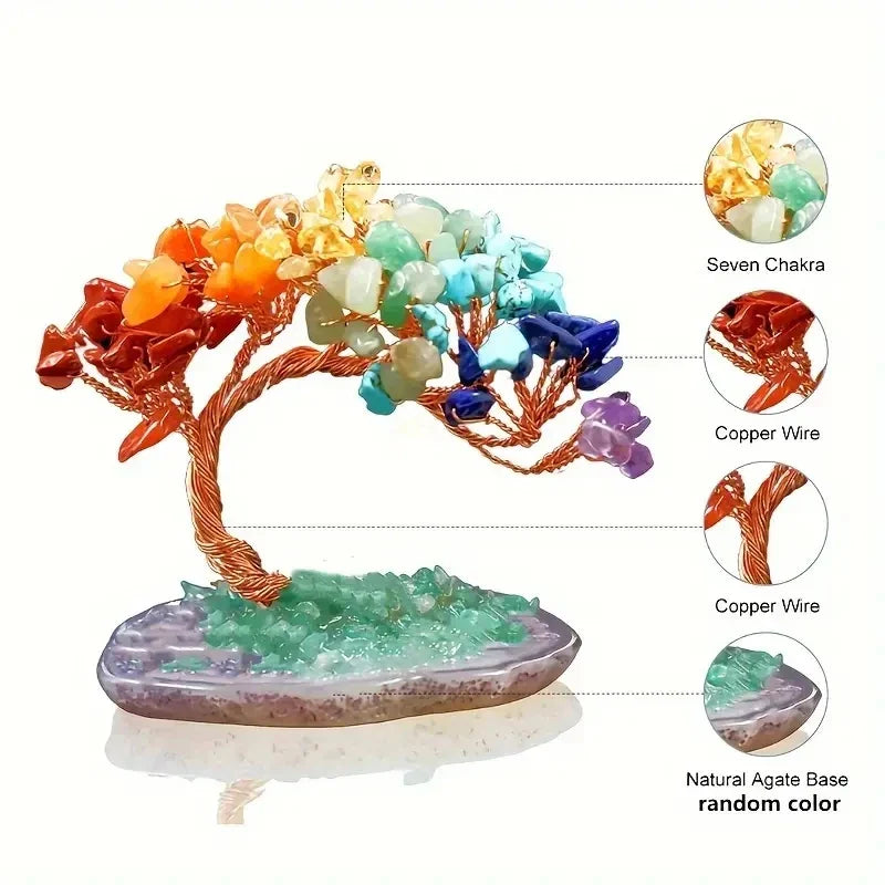 1pc Natural Colorful Crystal Crushed Stone Fengtail Tree Crystal Agate Piece Base Copper Wire Winding Fortune Tree Ornament