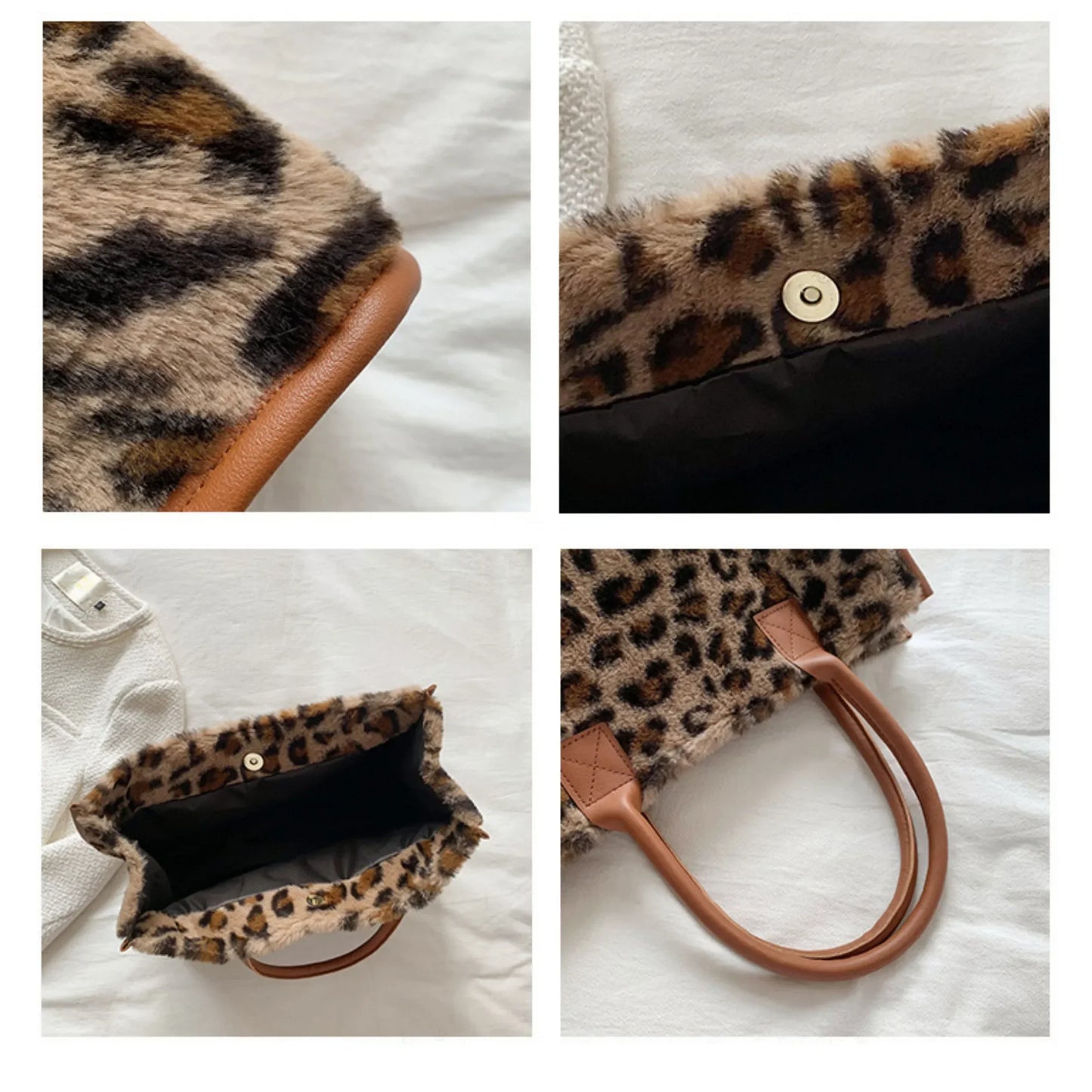 Retro Leopard Pattern PU Leather Plush Design Autumn and Winter Fashion Western Style Women's Small Handbag Underarm Bag Color: BWBN