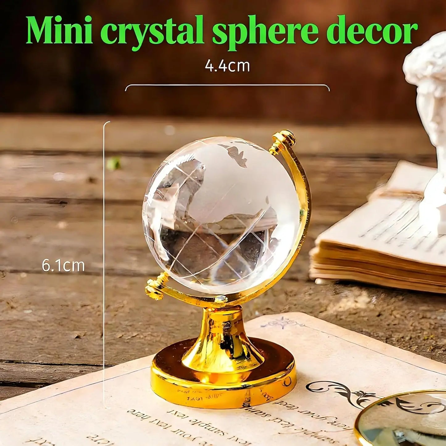 Mini Crystal Globe Desktop Ornament Round Earth World Glass Ball with Golden Base for Home Office Decor