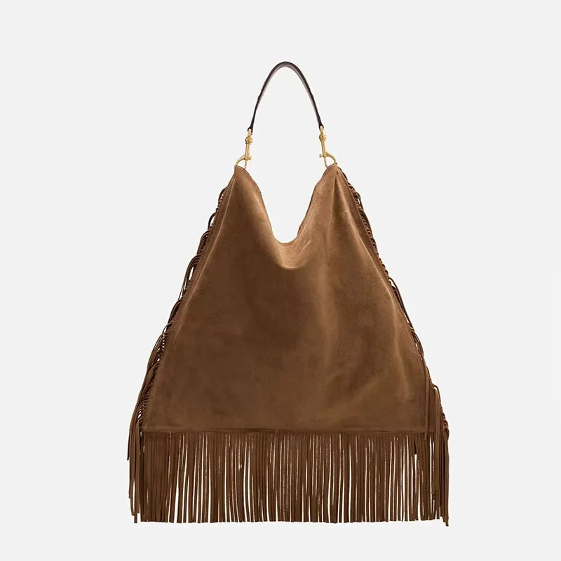CH Women's Brown Suede Fringe Hobo Bag Large Capacity Shoulder Bag Retro Western Style Tassel Handbag For Daily Use BROWN
