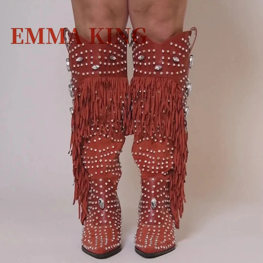 Red Crysral Fringed Western Cowboy Boots Sexy Pointed Toe Block Heel Knee High Boots Female Luxury Rhinestones Party Dress Shoes
