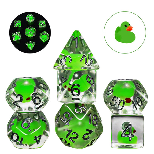 SWAJUJA Glow-in-the-Dark Green Duck DND Dice Set, 7PCS Polyhedral RPG Dice for Dungeons & Dragons, Cute Holiday Gift for Gamers