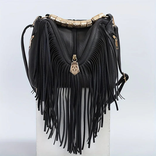New Trendy PU Leather Shoulder Bag for Women Solid Color Crossbody Purse with Tassel Western Fashion Vintage Handbag Black