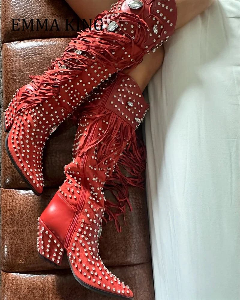 Red Crysral Fringed Western Cowboy Boots Sexy Pointed Toe Block Heel Knee High Boots Female Luxury Rhinestones Party Dress Shoes