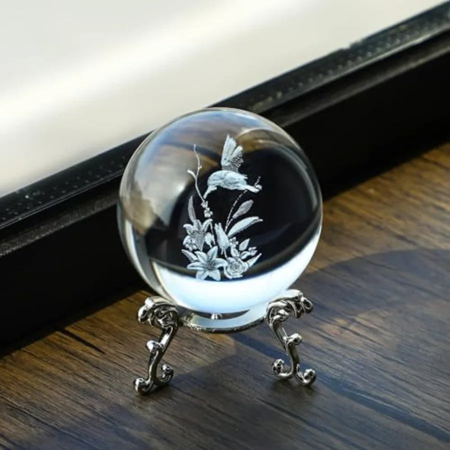 3D Crystal Ball Paperweight 60mm 2.3Inch Laser Engraved Glass Sphere Display Globe Meditation Ball Home Decor with Metal Stand