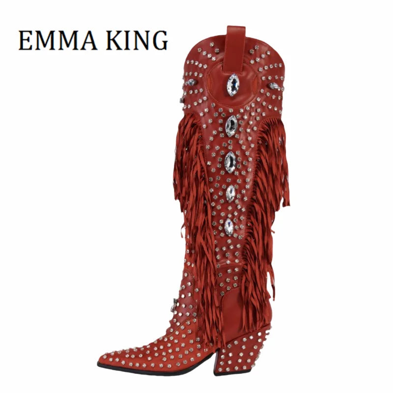 Red Crysral Fringed Western Cowboy Boots Sexy Pointed Toe Block Heel Knee High Boots Female Luxury Rhinestones Party Dress Shoes