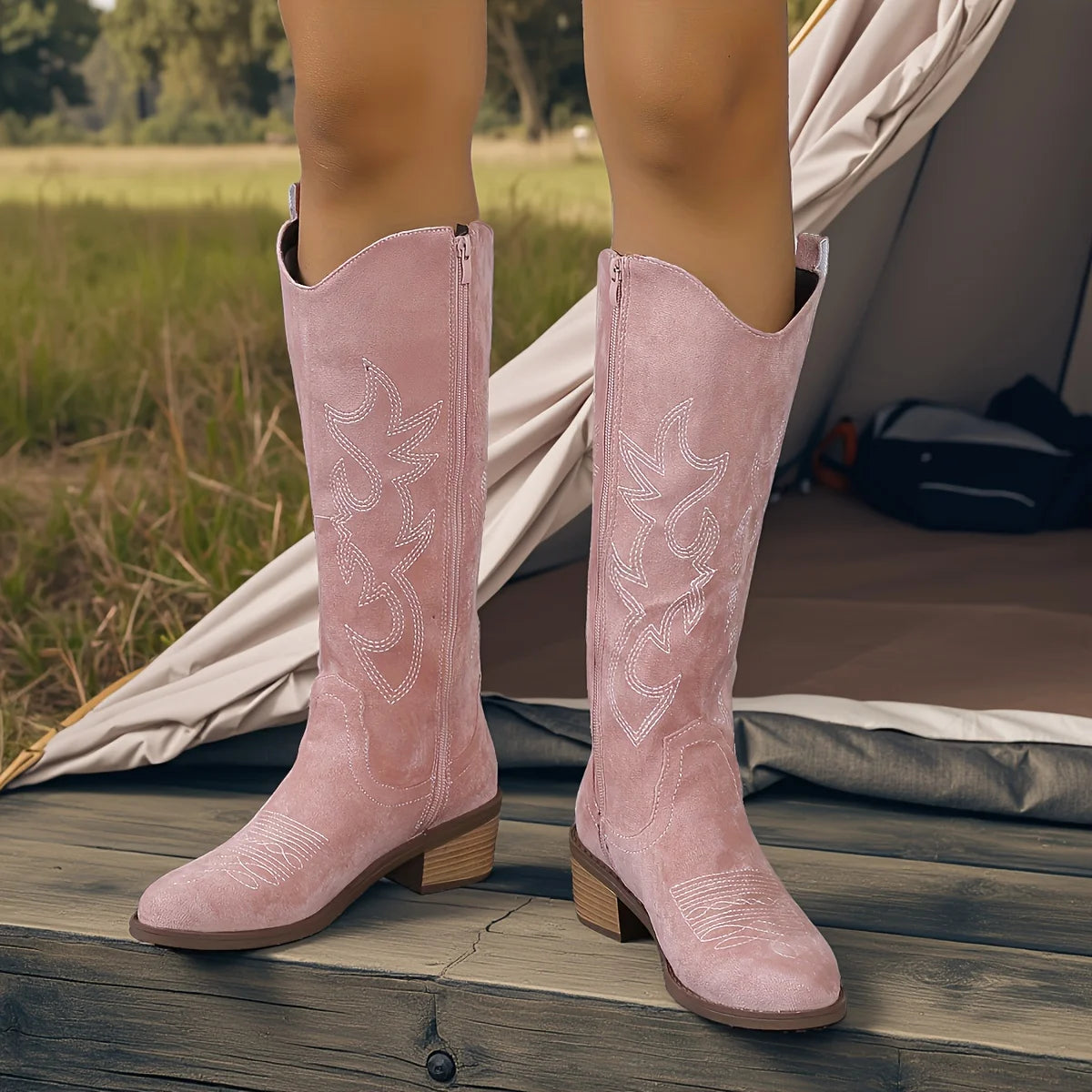 Western Cowboy Boots for Women - Knee High Wide Calf Cowgirl Boots with Classic Embroidered, Suede denim boots,Slip On Pointed T Color: Pink