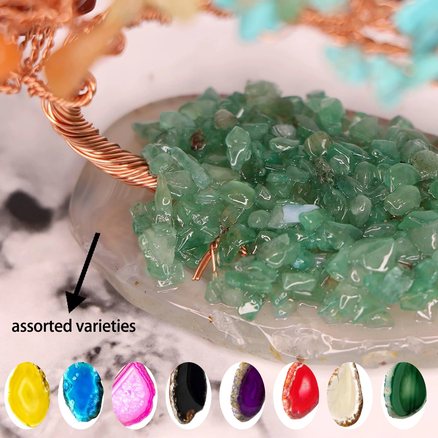 1pc Natural Colorful Crystal Crushed Stone Fengtail Tree Crystal Agate Piece Base Copper Wire Winding Fortune Tree Ornament