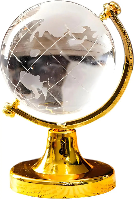 Mini Crystal Globe Desktop Ornament Round Earth World Glass Ball with Golden Base for Home Office Decor