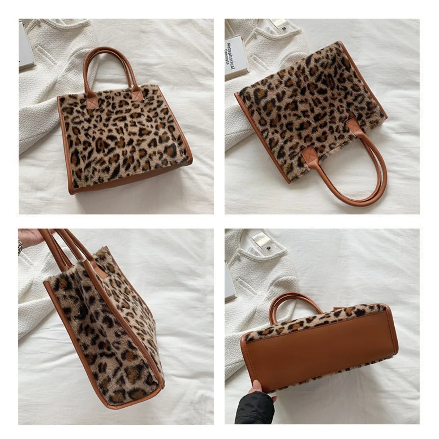 Retro Leopard Pattern PU Leather Plush Design Autumn and Winter Fashion Western Style Women's Small Handbag Underarm Bag Color: BWBN