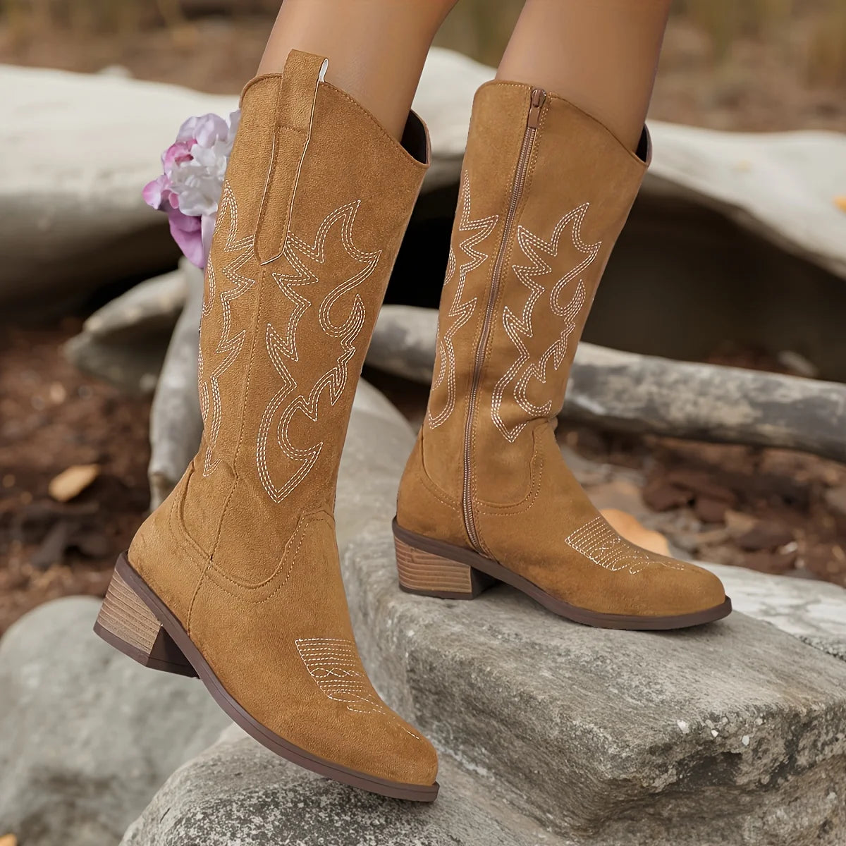 Western Cowboy Boots for Women - Knee High Wide Calf Cowgirl Boots with Classic Embroidered, Suede denim boots,Slip On Pointed T Color: Kaki