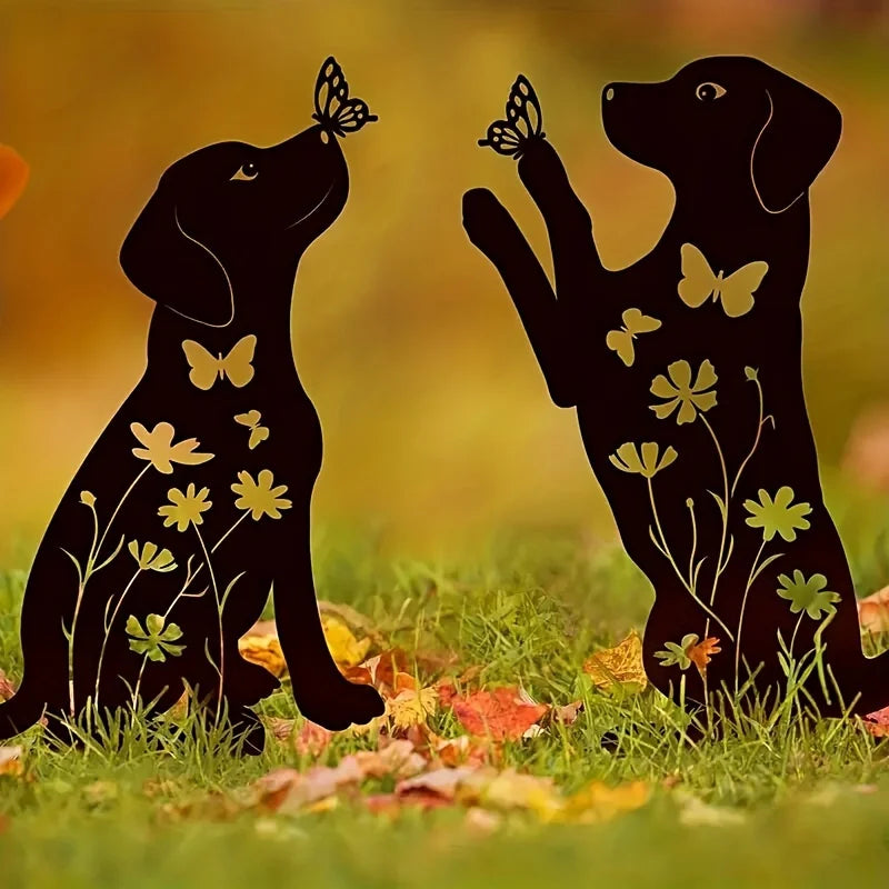 Art Deco Metal Dog Garden Stakes 2-Pack - Easter Outdoor Animal Statues, Floor Mount Dog Yard Art