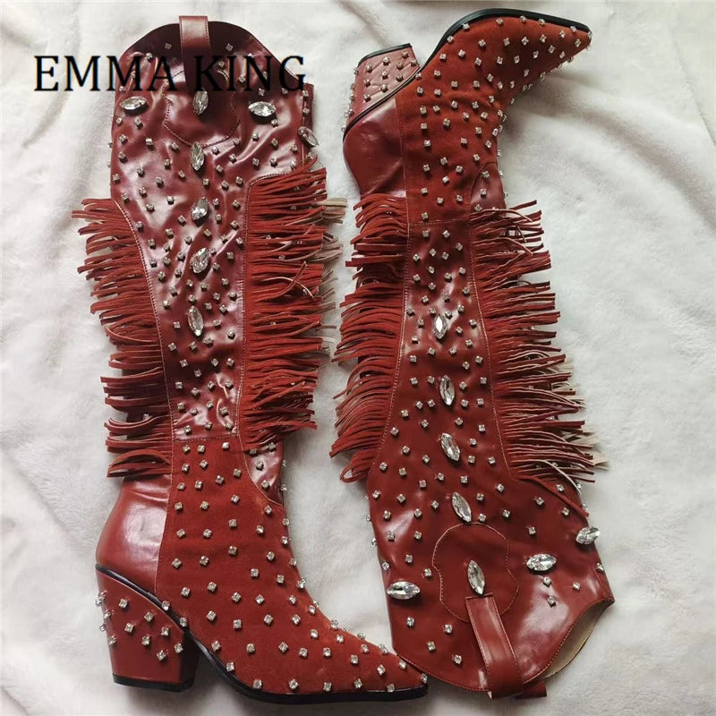 Red Crysral Fringed Western Cowboy Boots Sexy Pointed Toe Block Heel Knee High Boots Female Luxury Rhinestones Party Dress Shoes