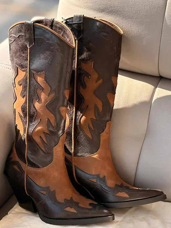 Western Style Spliced Color Stitched Leather High Heel Long Boots for Women Spring Summer New Retro Pointed Toe Booties