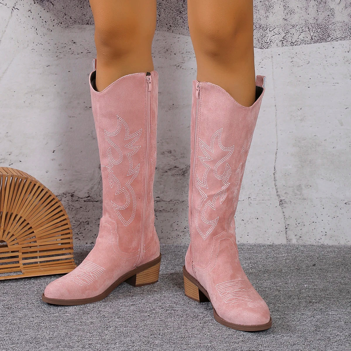 Western Cowboy Boots for Women - Knee High Wide Calf Cowgirl Boots with Classic Embroidered, Suede denim boots,Slip On Pointed T Color: Pink