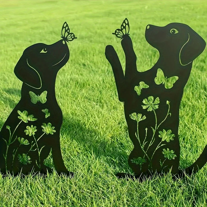 Art Deco Metal Dog Garden Stakes 2-Pack - Easter Outdoor Animal Statues, Floor Mount Dog Yard Art
