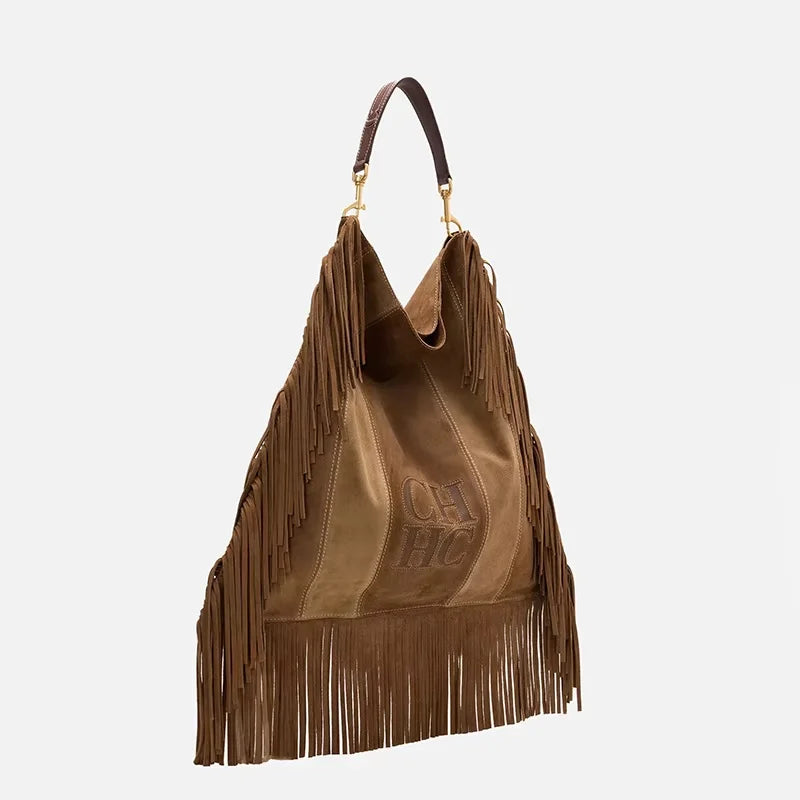CH Women's Brown Suede Fringe Hobo Bag Large Capacity Shoulder Bag Retro Western Style Tassel Handbag For Daily Use BROWN