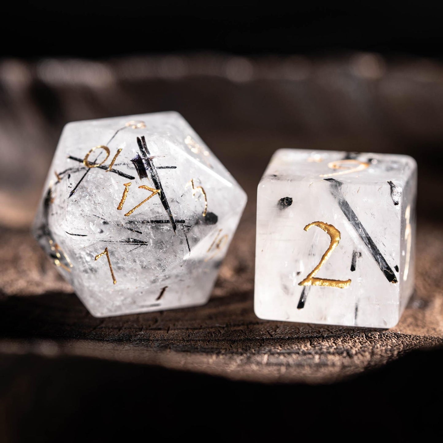 Black Rutile Quartz Gemstone Dice Set: Polyhedral DND Dice with Luxury Box